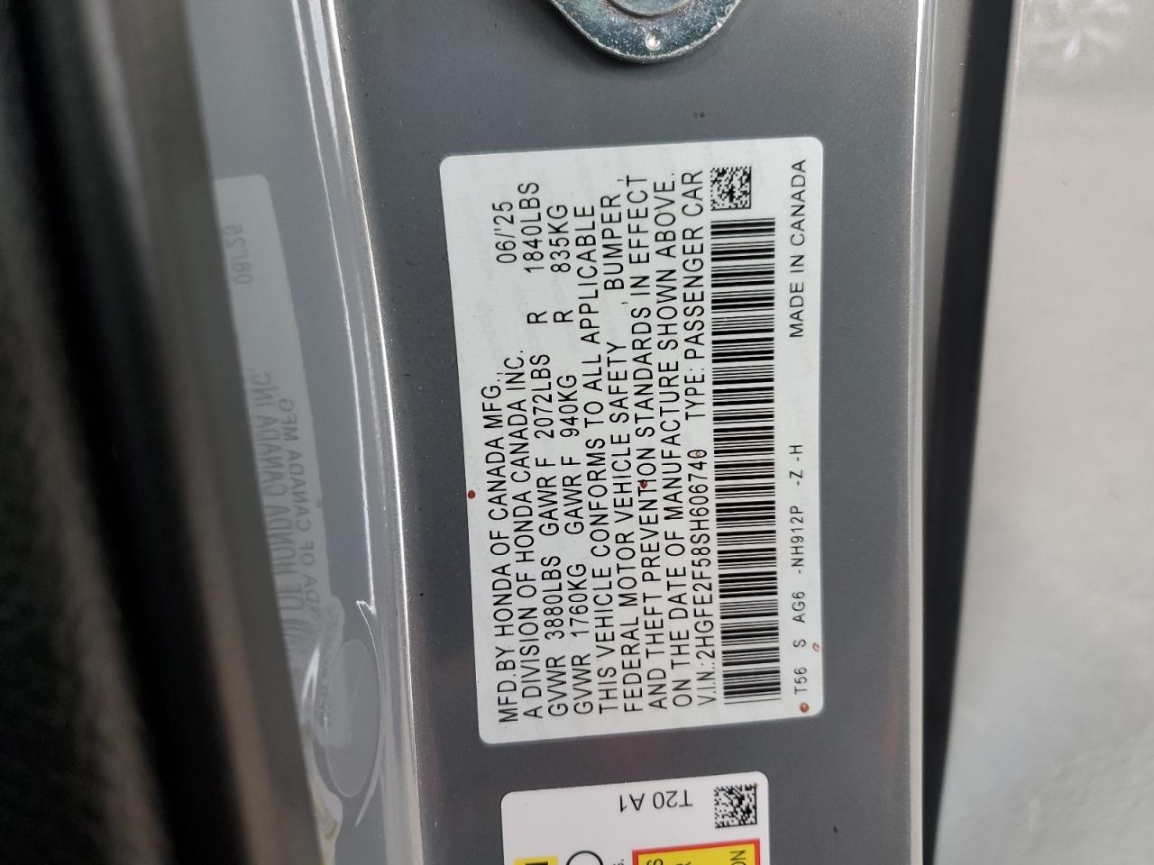 2025 Honda Civic Sport VIN: 2HGFE2F58SH606740 Lot: 82396145