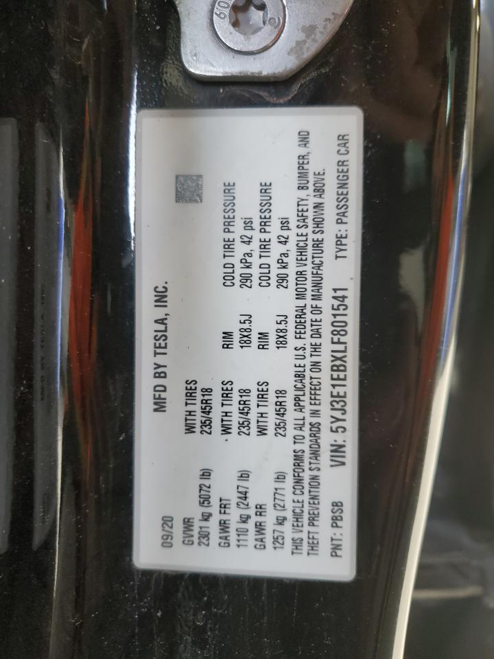 2020 Tesla Model 3 VIN: 5YJ3E1EBXLF801541 Lot: 90382785