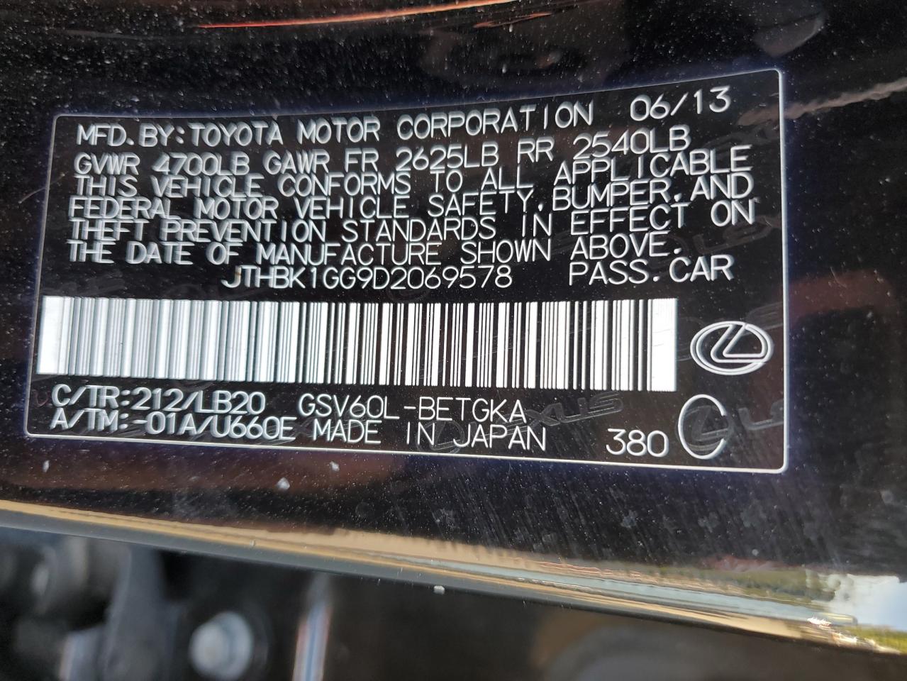 2013 Lexus Es 350 VIN: JTHBK1GG9D2069578 Lot: 85533235