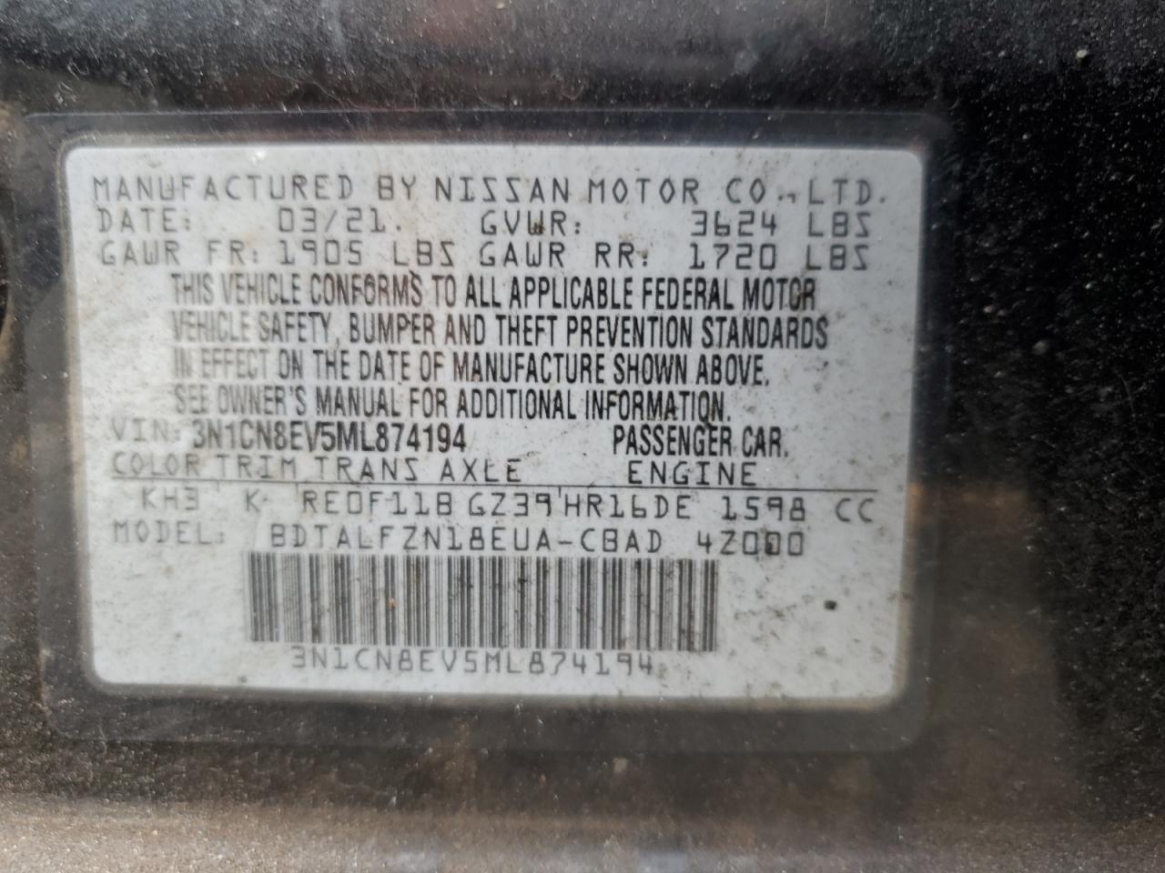 2021 Nissan Versa Sv VIN: 3N1CN8EV5ML874194 Lot: 85332275