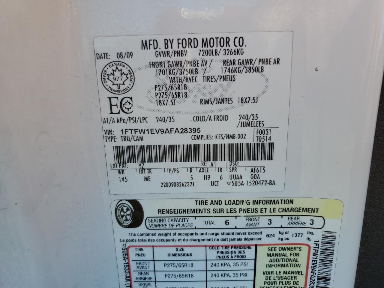 2010 Ford F150 Supercrew VIN: 1FTFW1EV9AFA28395 Lot: 85557155