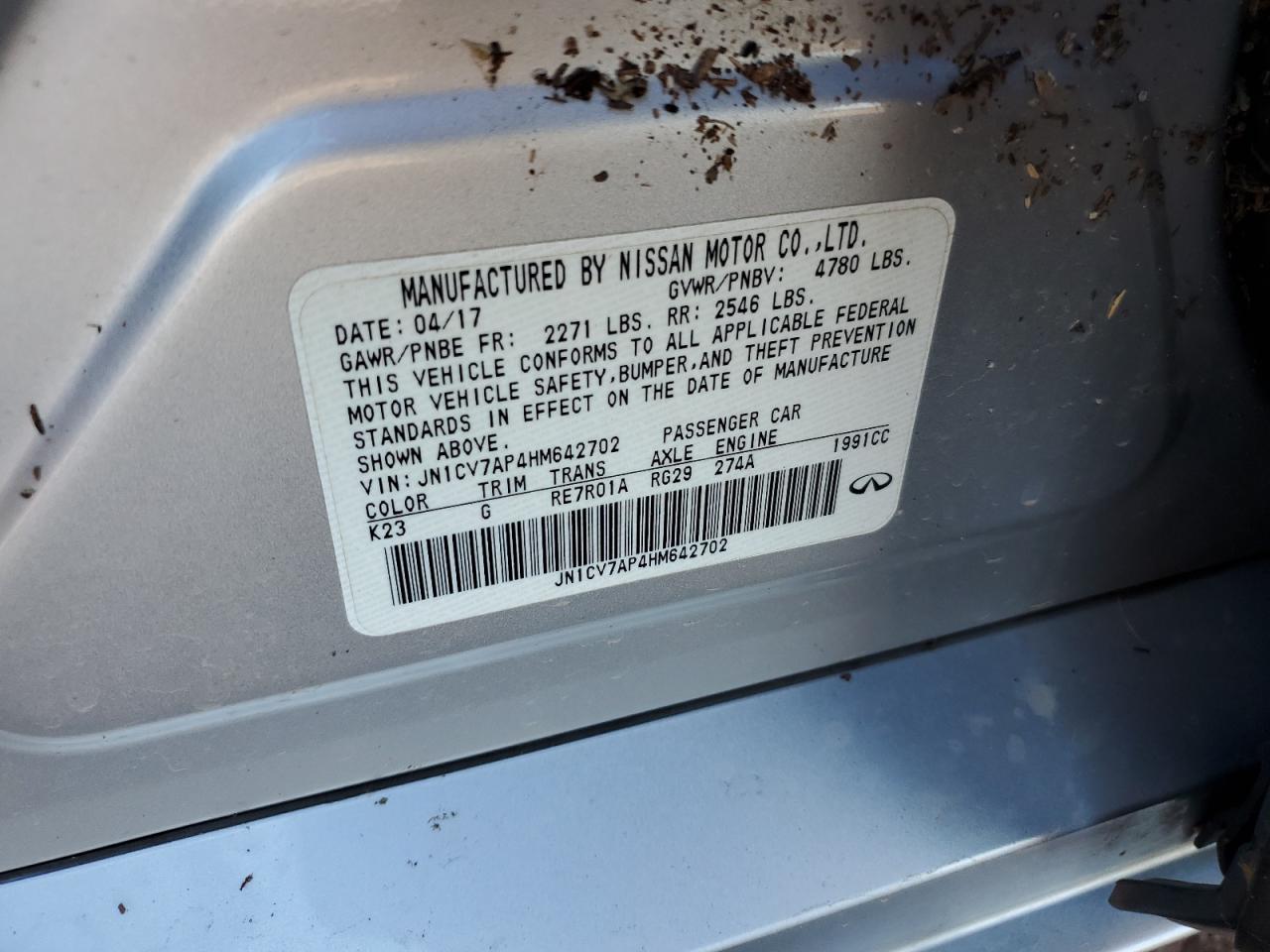 2017 Infiniti Q50 Base VIN: JN1CV7AP4HM642702 Lot: 84826275