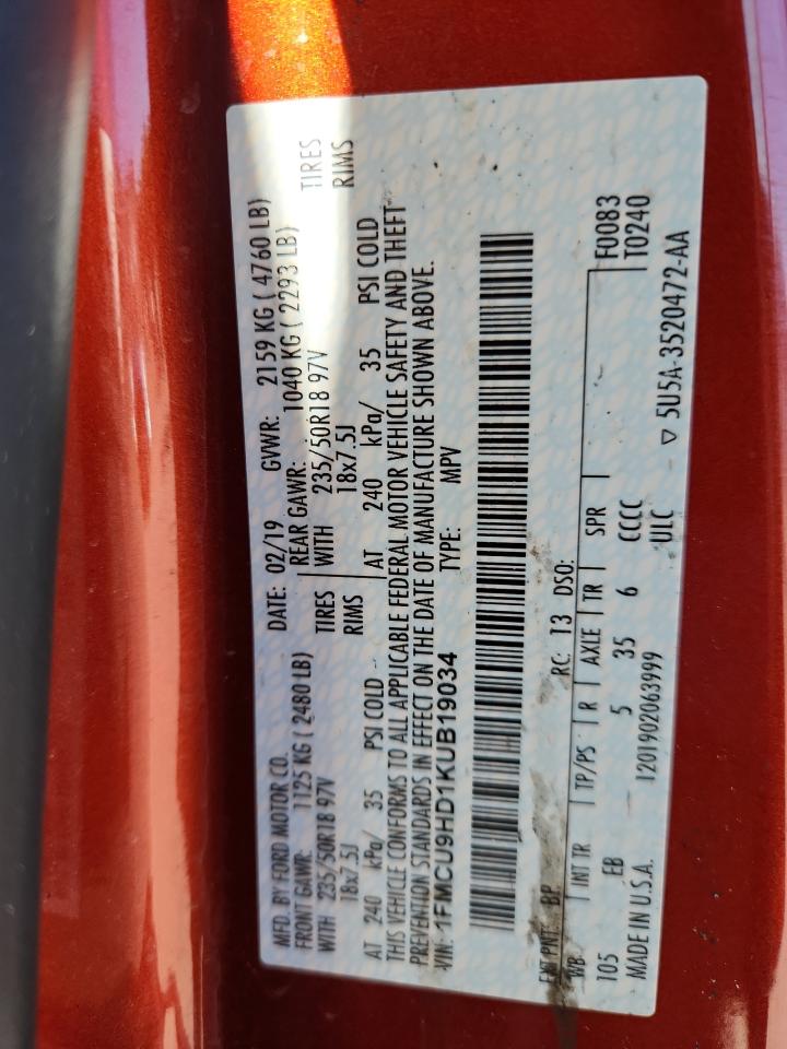 2019 Ford Escape Sel VIN: 1FMCU9HD1KUB19034 Lot: 84702525