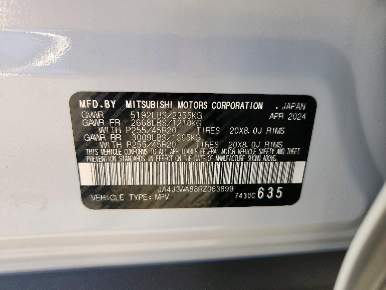 2024 Mitsubishi Outlander Sel VIN: JA4J3WA88RZ063899 Lot: 82400055