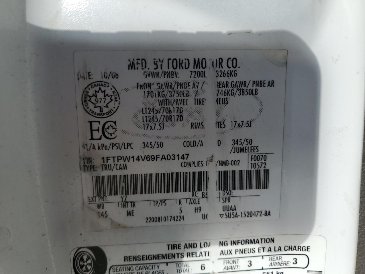 2009 Ford F150 Supercrew VIN: 1FTPW14V69FA03147 Lot: 89830095