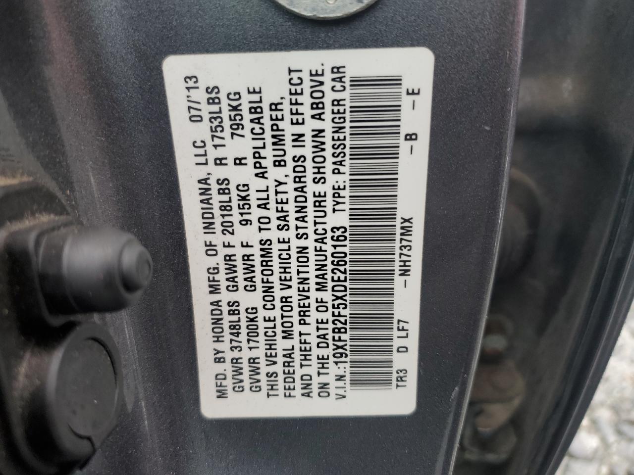 2013 Honda Civic Lx VIN: 19XFB2F5XDE260163 Lot: 82299675