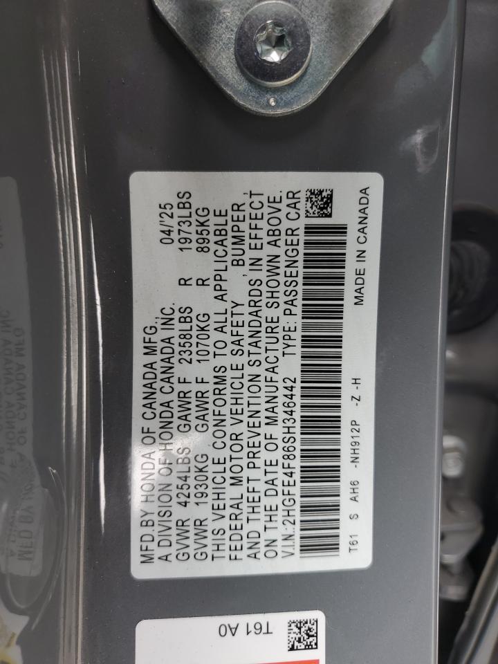 2025 Honda Civic Sport VIN: 2HGFE4F86SH346442 Lot: 82275295