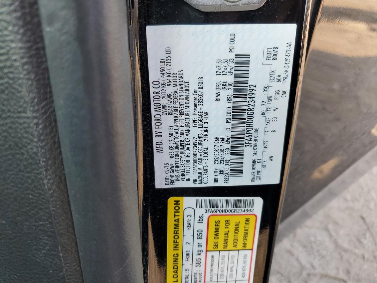 2016 Ford Fusion Se VIN: 3FA6P0HD0GR234992 Lot: 85003345