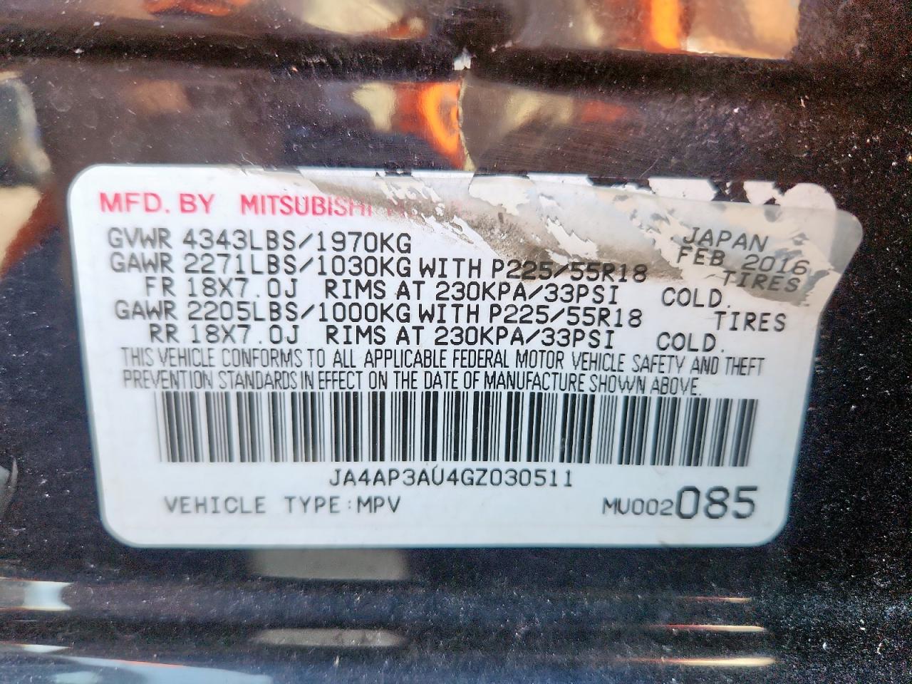 2016 Mitsubishi Outlander Sport Es VIN: JA4AP3AU4GZ030511 Lot: 91054695