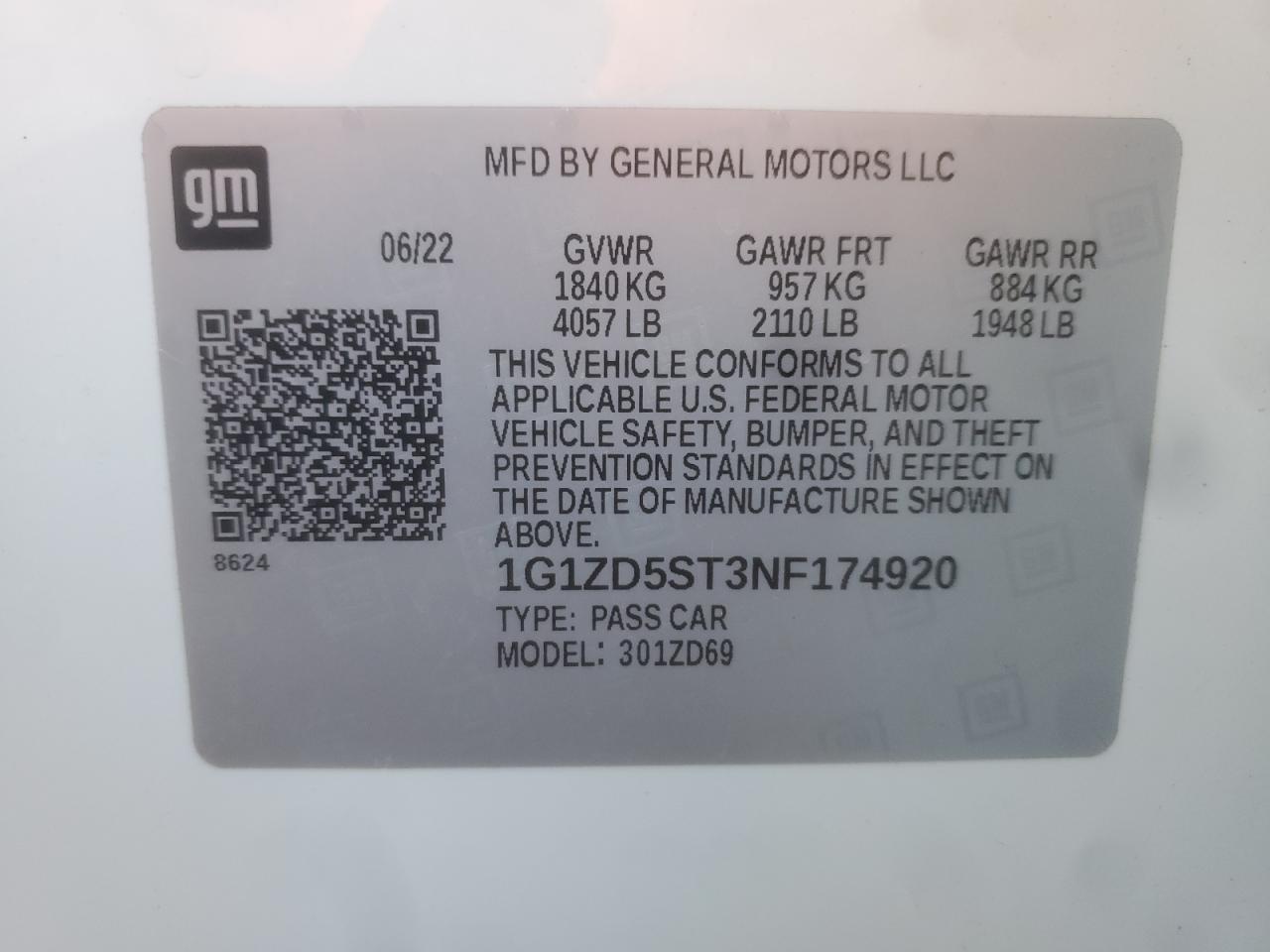 2022 Chevrolet Malibu Lt VIN: 1G1ZD5ST3NF174920 Lot: 84648065