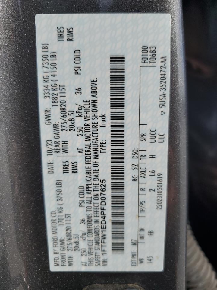 2023 Ford F150 Supercrew VIN: 1FTFW1ED4PFD07625 Lot: 81965615