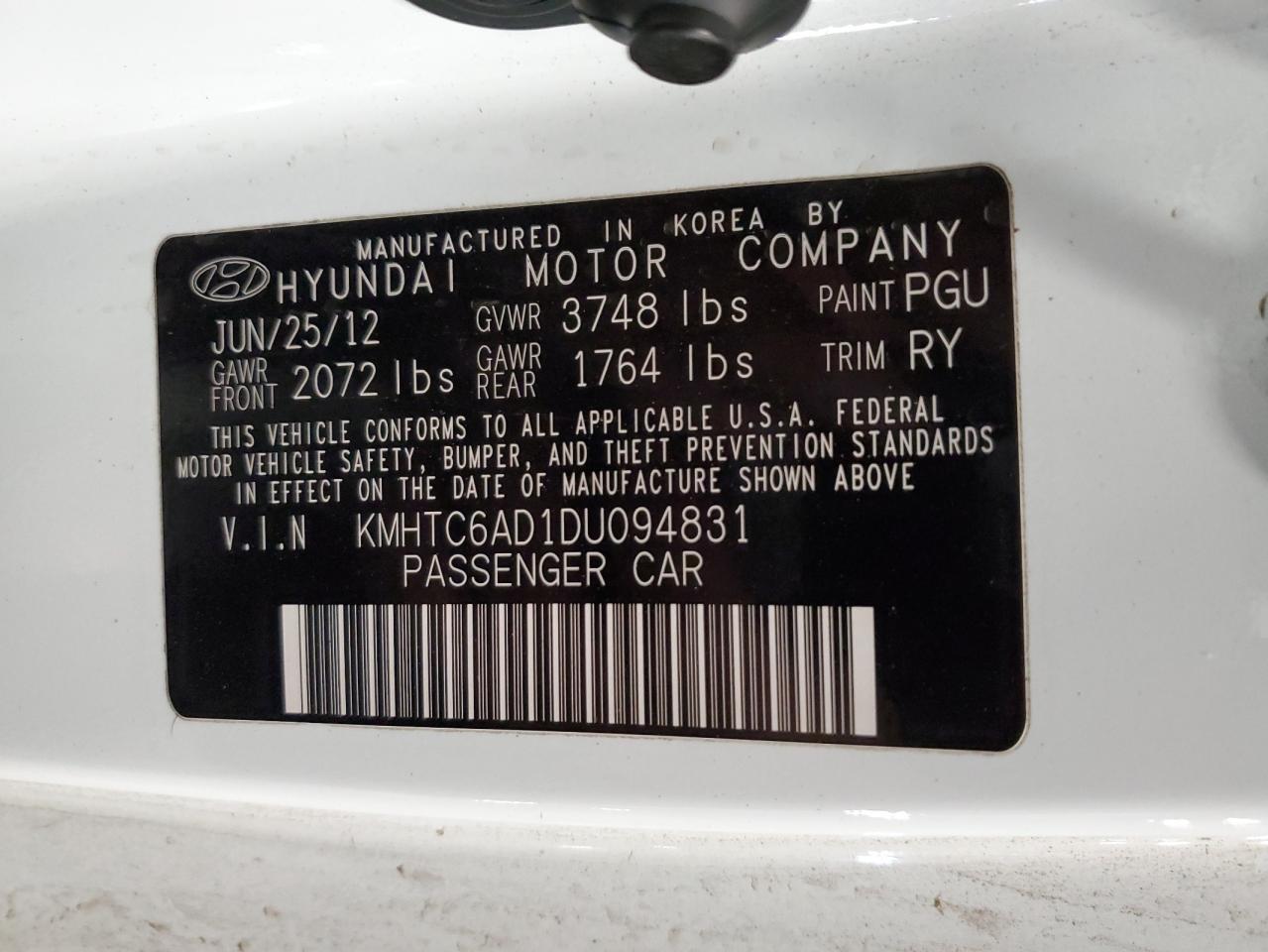 2013 Hyundai Veloster VIN: KMHTC6AD1DU094831 Lot: 85944185