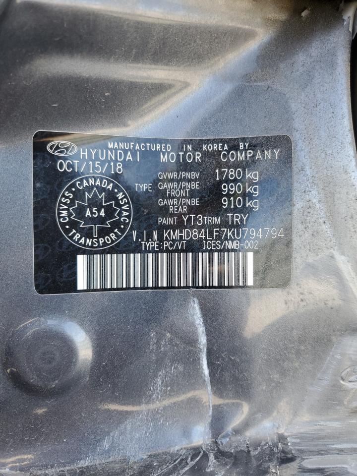 2019 Hyundai Elantra Sel VIN: KMHD84LF7KU794794 Lot: 85506365