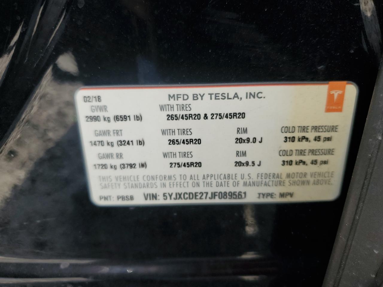 2018 Tesla Model X VIN: 5YJXCDE27JF089561 Lot: 90622115