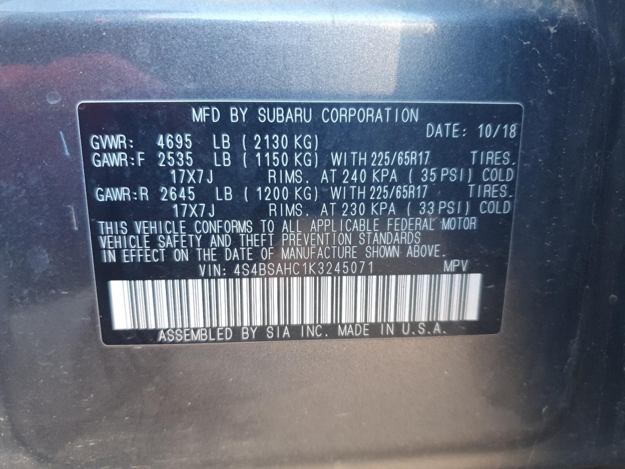 2019 Subaru Outback 2.5I Premium VIN: 4S4BSAHC1K3245071 Lot: 84989645