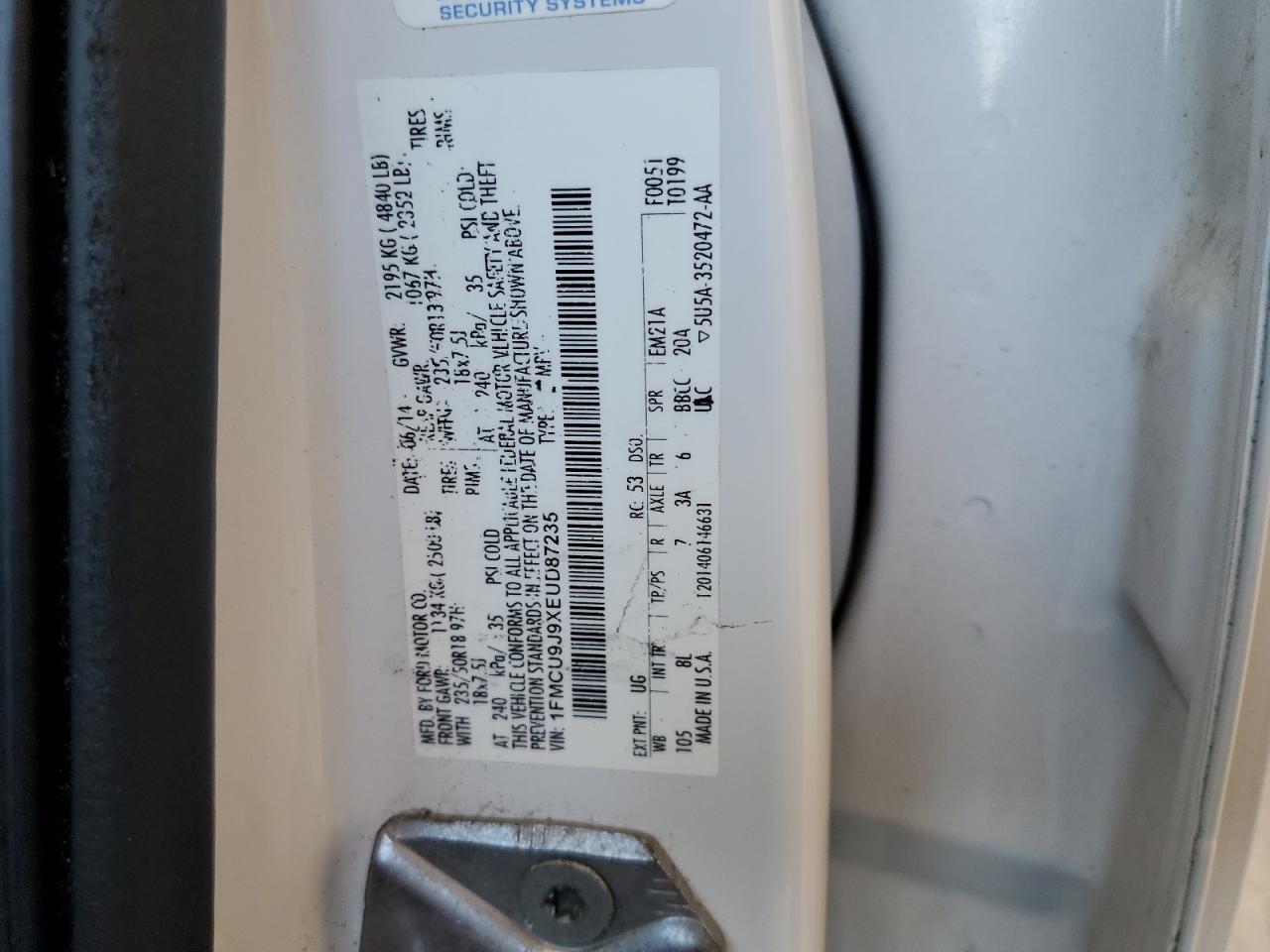 2014 Ford Escape Titanium VIN: 1FMCU9J9XEUD87235 Lot: 85919325