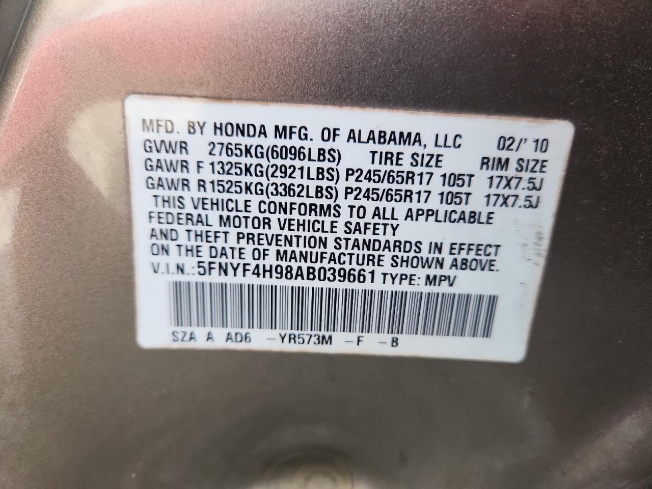 2010 Honda Pilot Touring VIN: 5FNYF4H98AB039661 Lot: 85287425