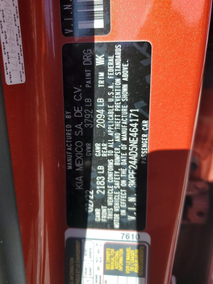 2022 Kia Forte Fe VIN: 3KPF24AD5NE464171 Lot: 89524745