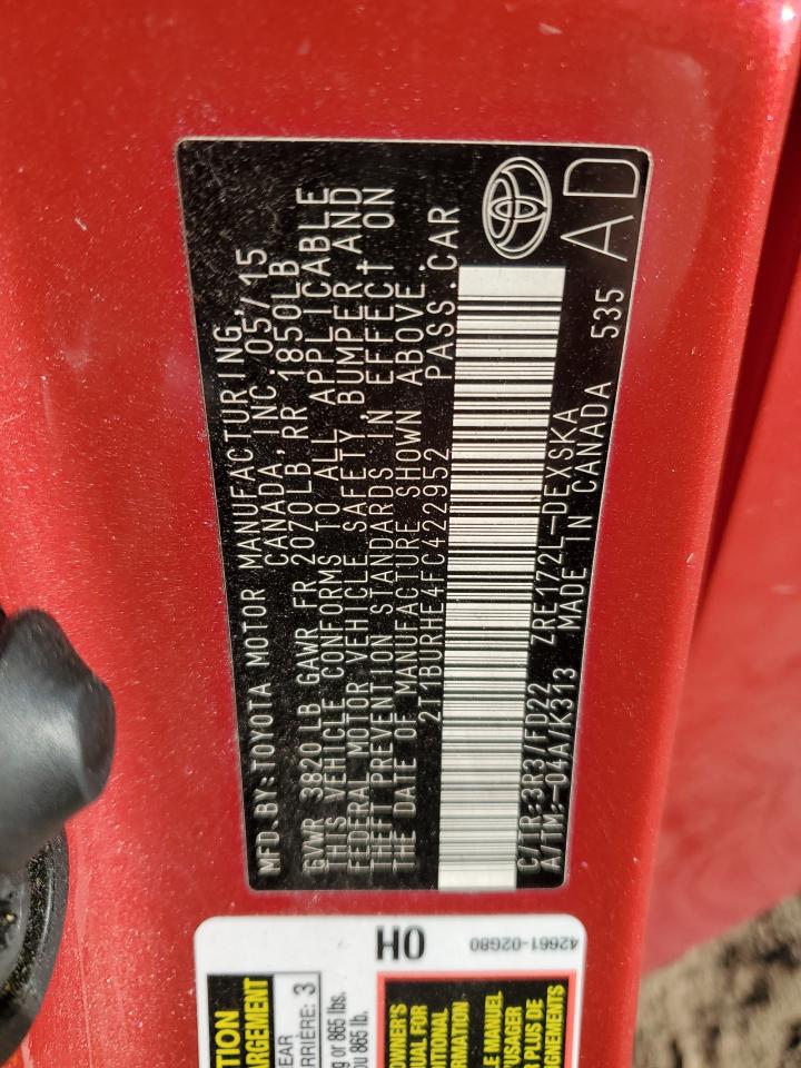 2015 Toyota Corolla L VIN: 2T1BURHE4FC422952 Lot: 84480815