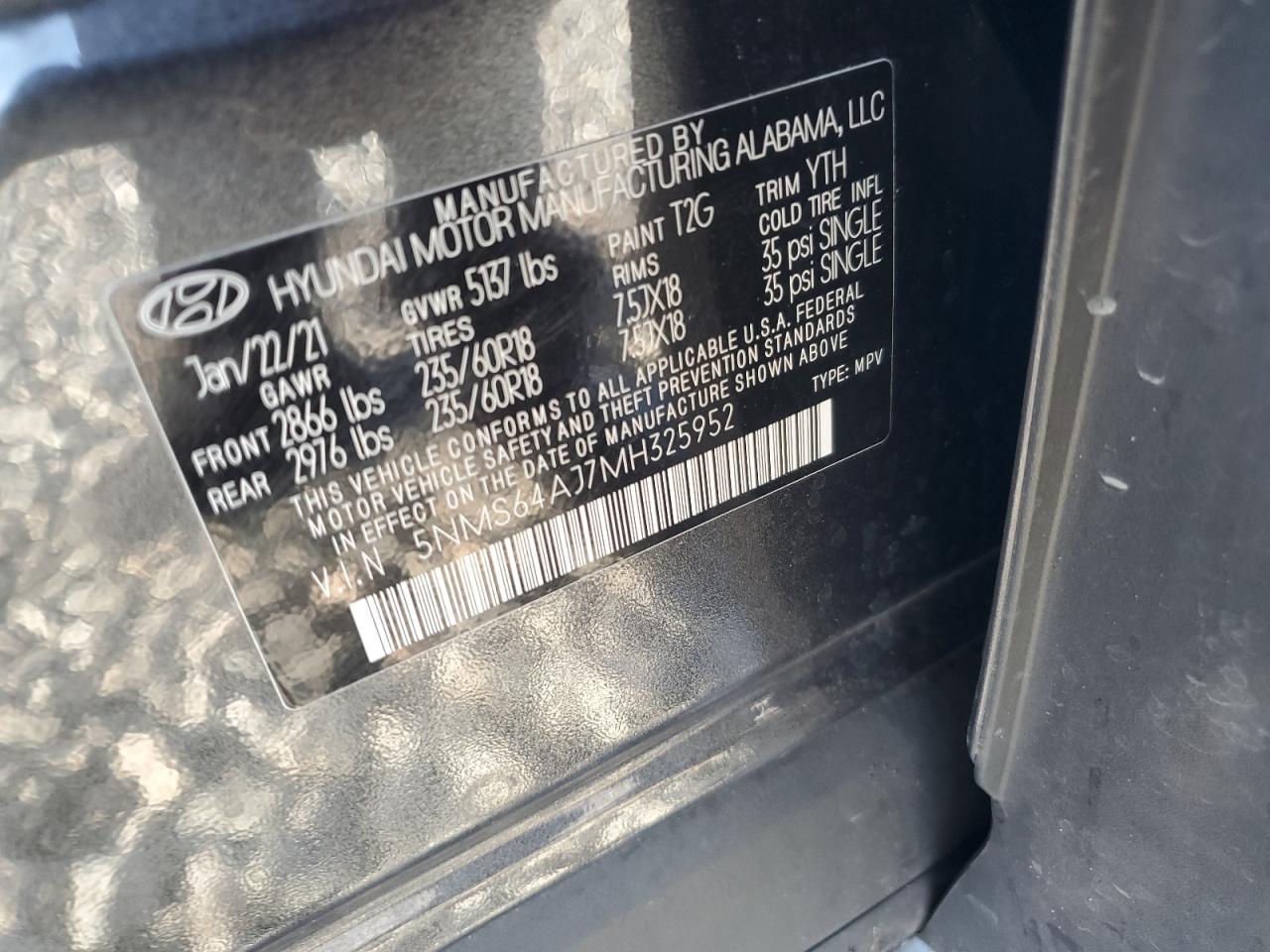 2021 Hyundai Santa Fe Sel VIN: 5NMS64AJ7MH325952 Lot: 85163725