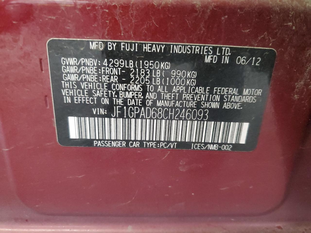 2012 Subaru Impreza Premium VIN: JF1GPAD68CH246093 Lot: 84522255