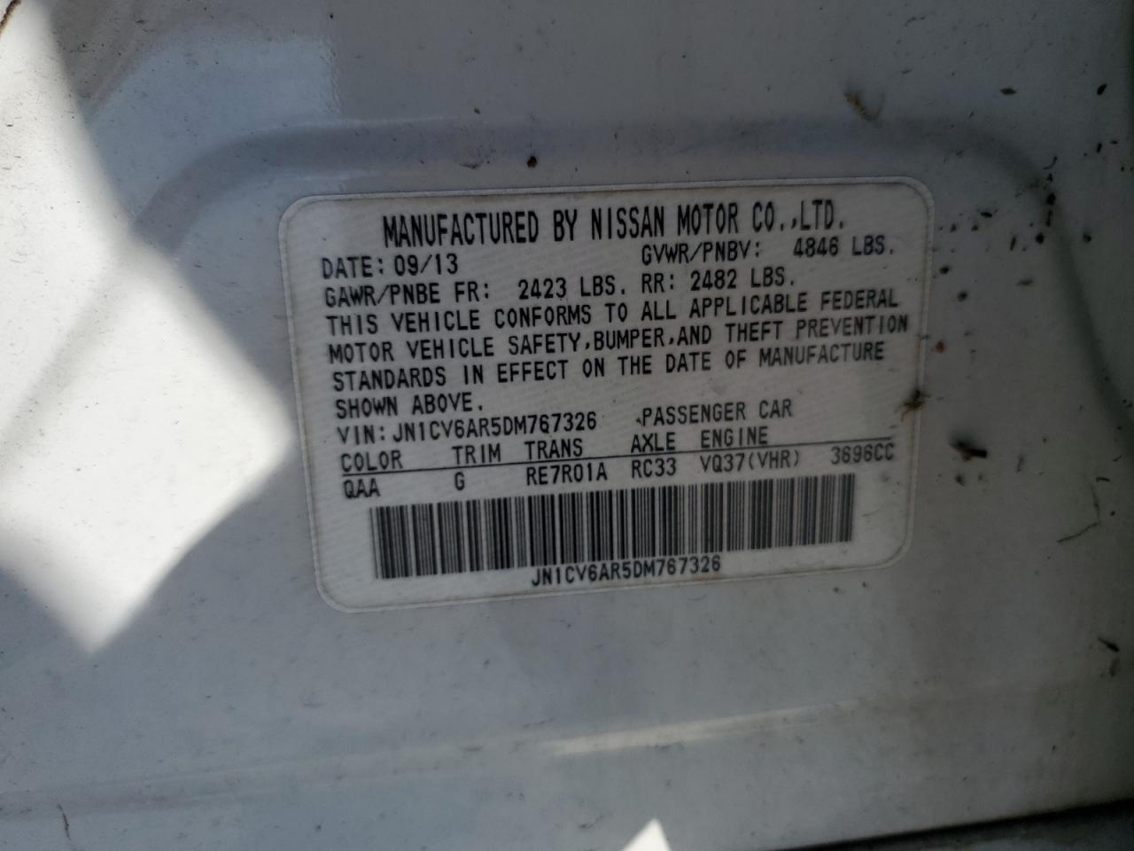 2013 Infiniti G37 VIN: JN1CV6AR5DM767326 Lot: 84919375