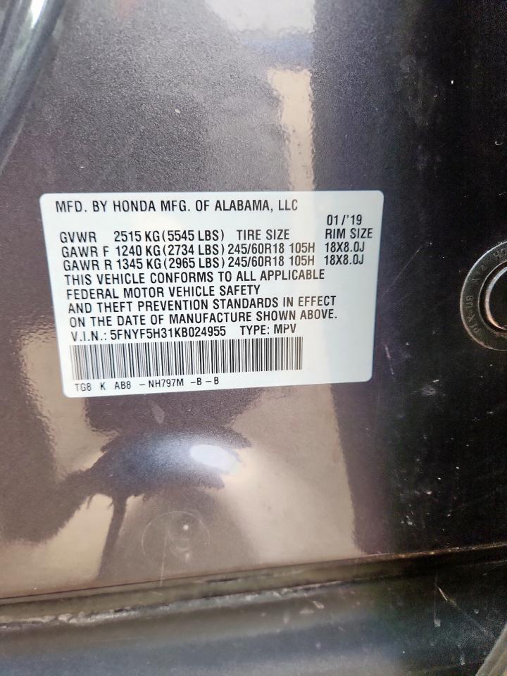 2019 Honda Pilot Ex VIN: 5FNYF5H31KB024955 Lot: 89922245