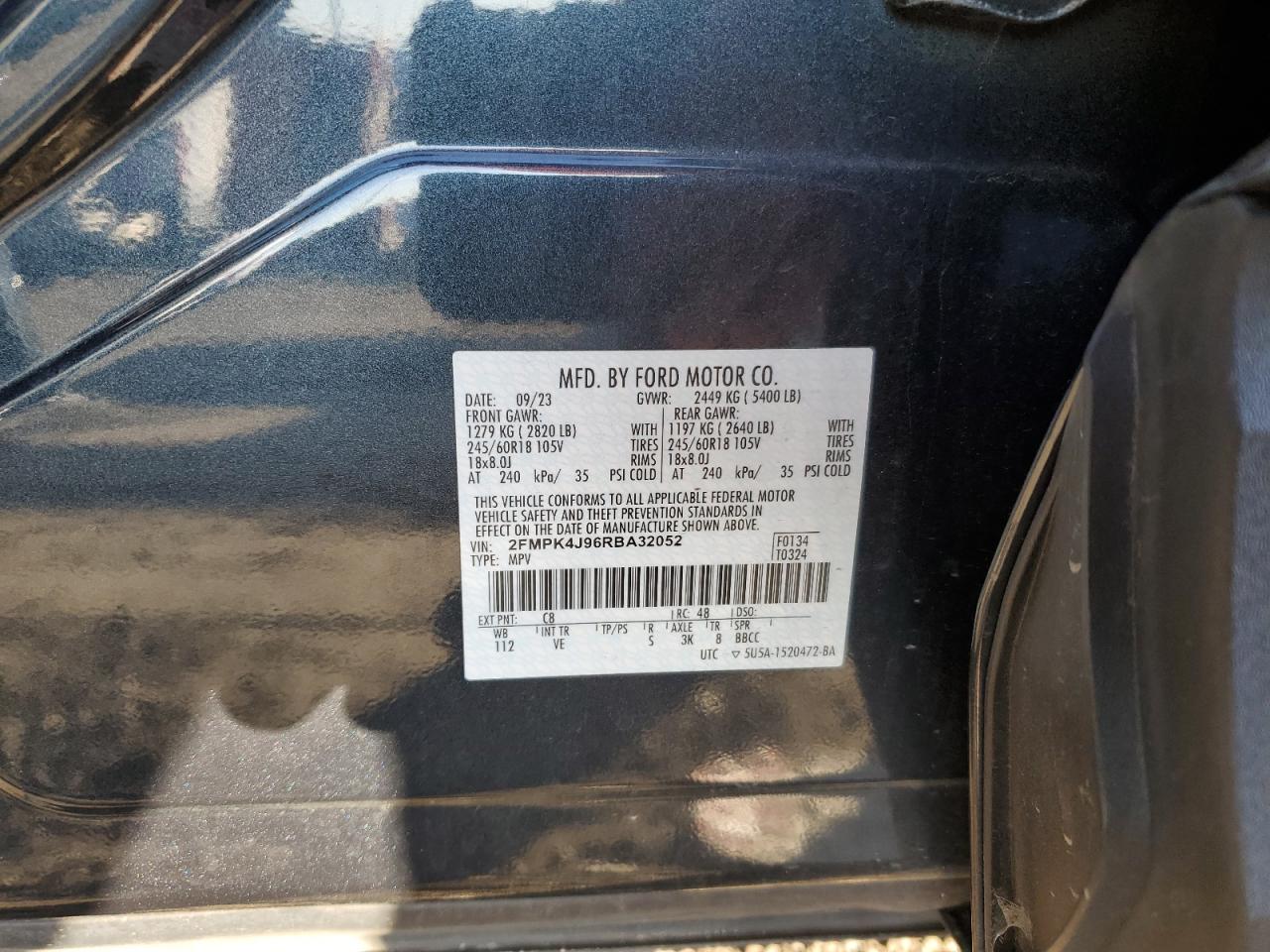 2024 Ford Edge Sel VIN: 2FMPK4J96RBA32052 Lot: 85761315