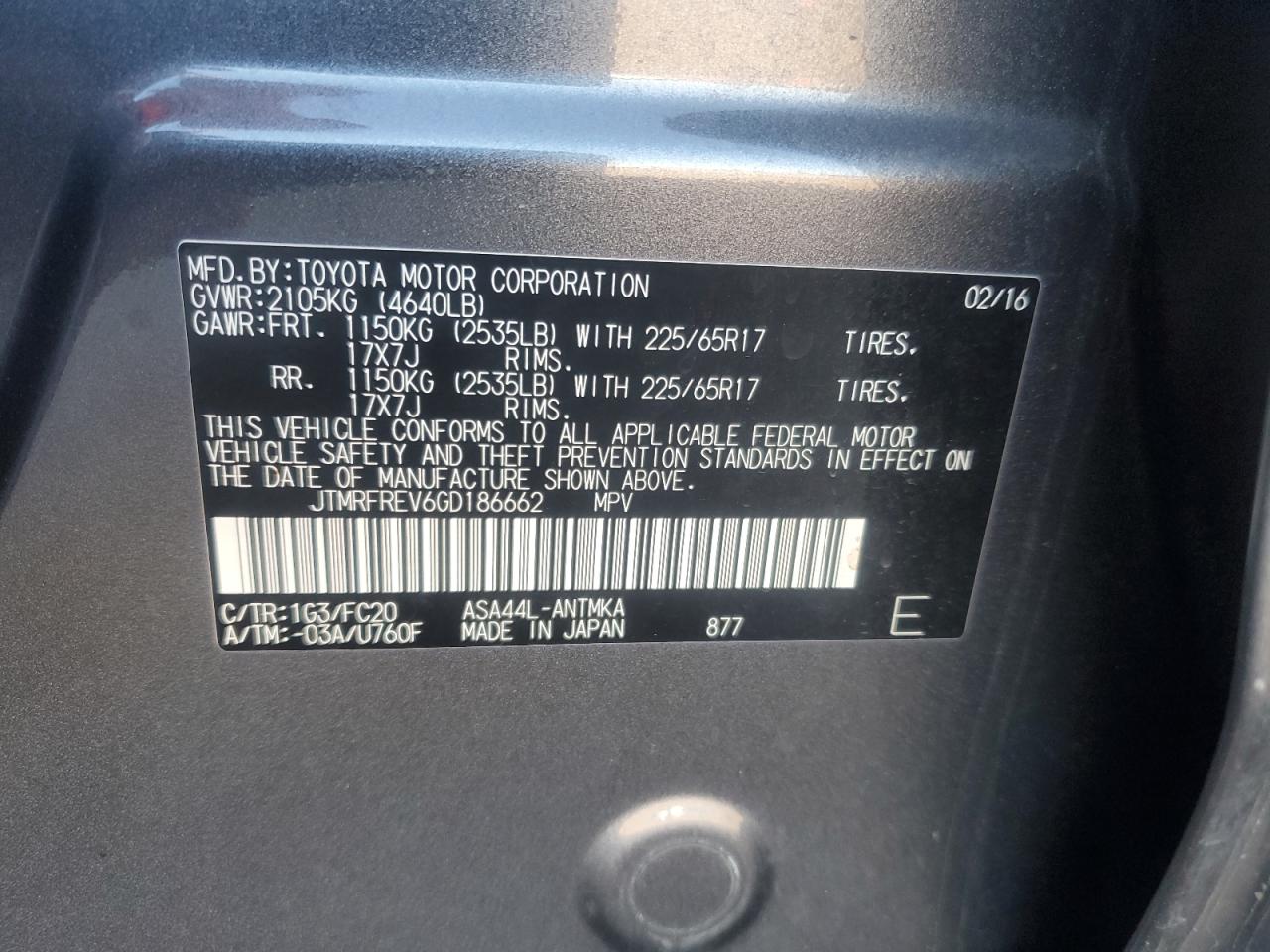 2016 Toyota Rav4 Xle VIN: JTMRFREV6GD186662 Lot: 84951545