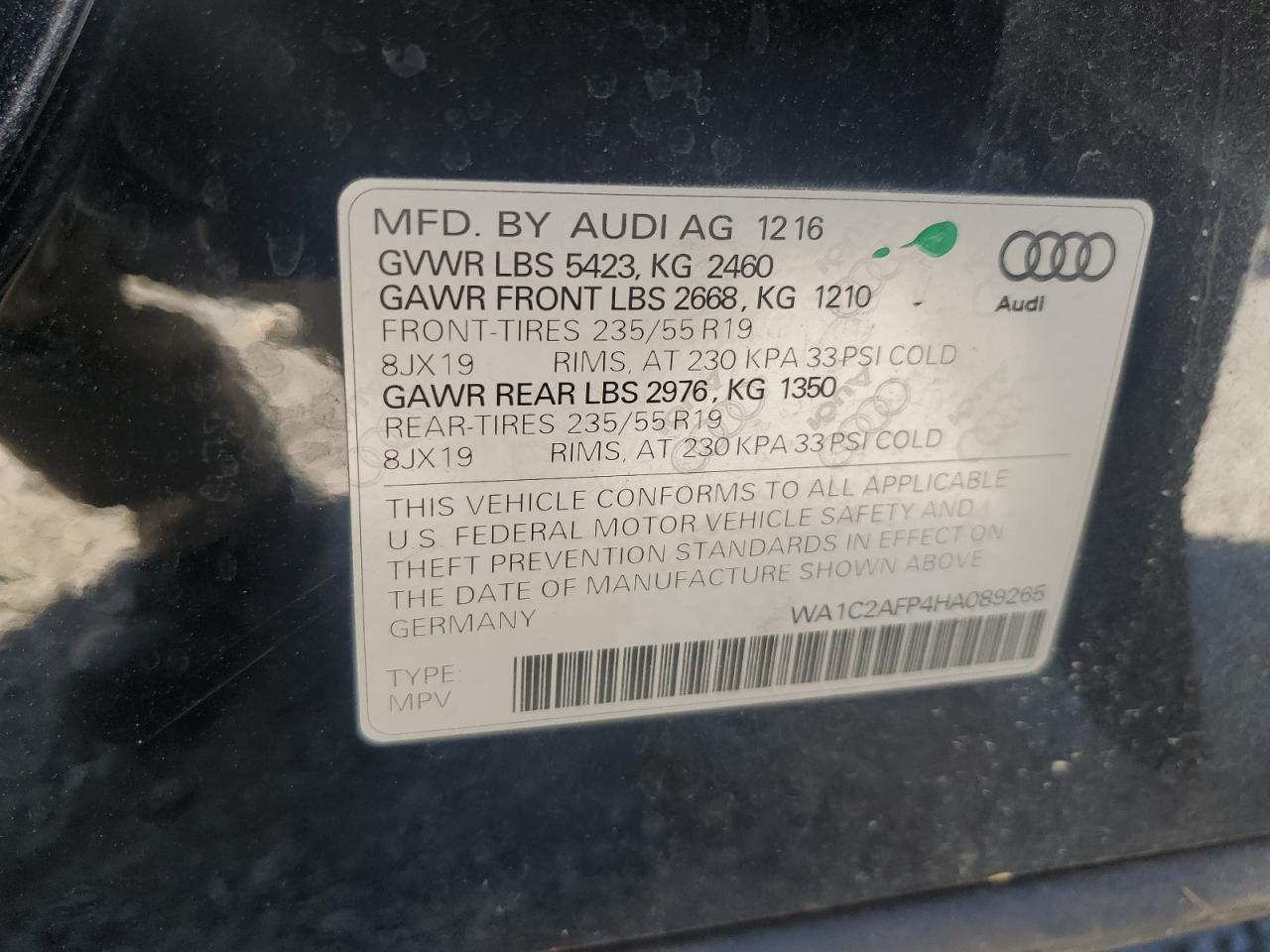 2017 Audi Q5 Premium VIN: WA1C2AFP4HA089265 Lot: 81944335