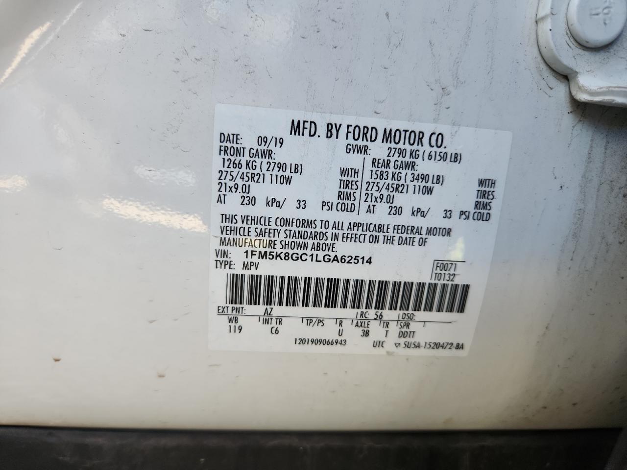 2020 Ford Explorer St VIN: 1FM5K8GC1LGA62514 Lot: 85864155