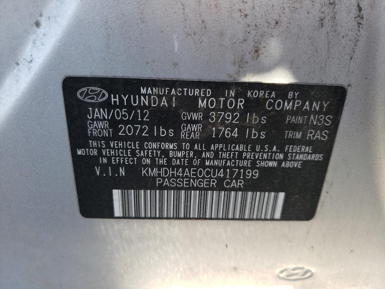 2012 Hyundai Elantra Gls VIN: KMHDH4AE0CU417199 Lot: 82070195