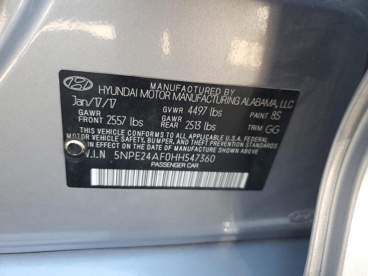 2017 Hyundai Sonata Se VIN: 5NPE24AF0HH547360 Lot: 82298745