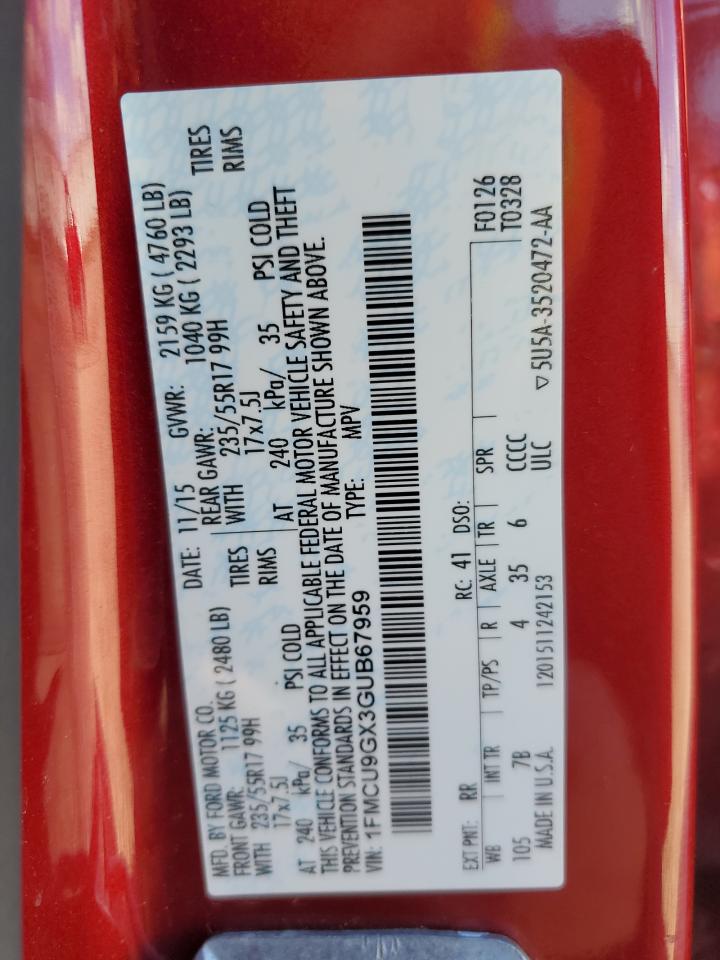 2016 Ford Escape Se VIN: 1FMCU9GX3GUB67959 Lot: 82554925