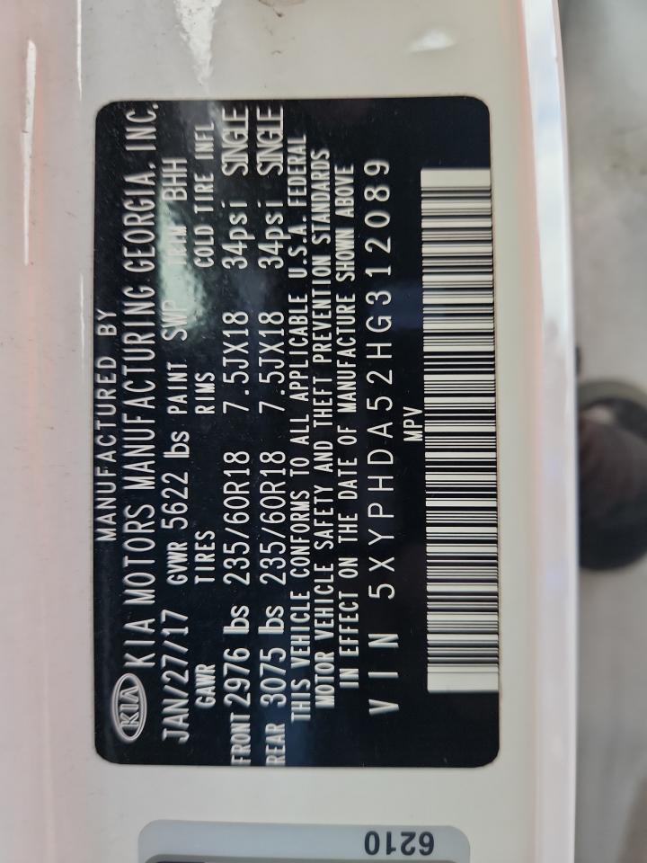 2017 Kia Sorento Ex VIN: 5XYPHDA52HG312089 Lot: 89734535