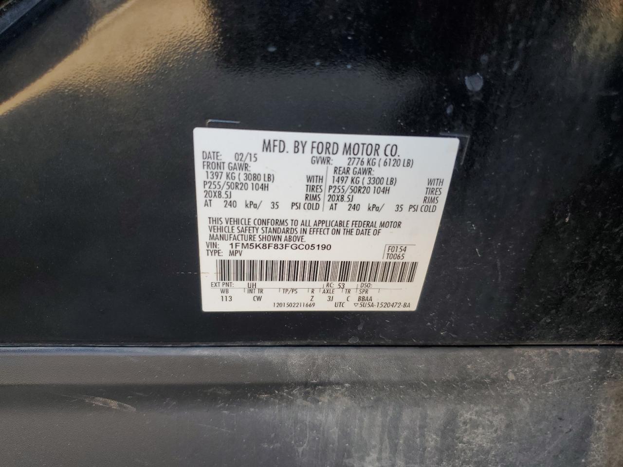 2015 Ford Explorer Limited VIN: 1FM5K8F83FGC05190 Lot: 84811535