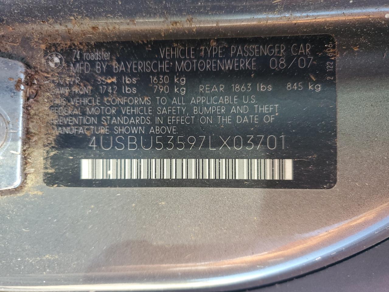 2007 BMW Z4 3.0Si VIN: 4USBU53597LX03701 Lot: 82513985