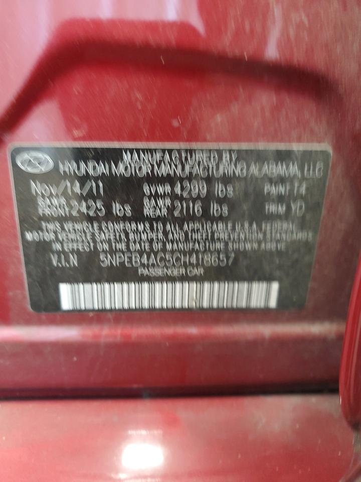 2012 Hyundai Sonata Gls VIN: 5NPEB4AC5CH418657 Lot: 85705255