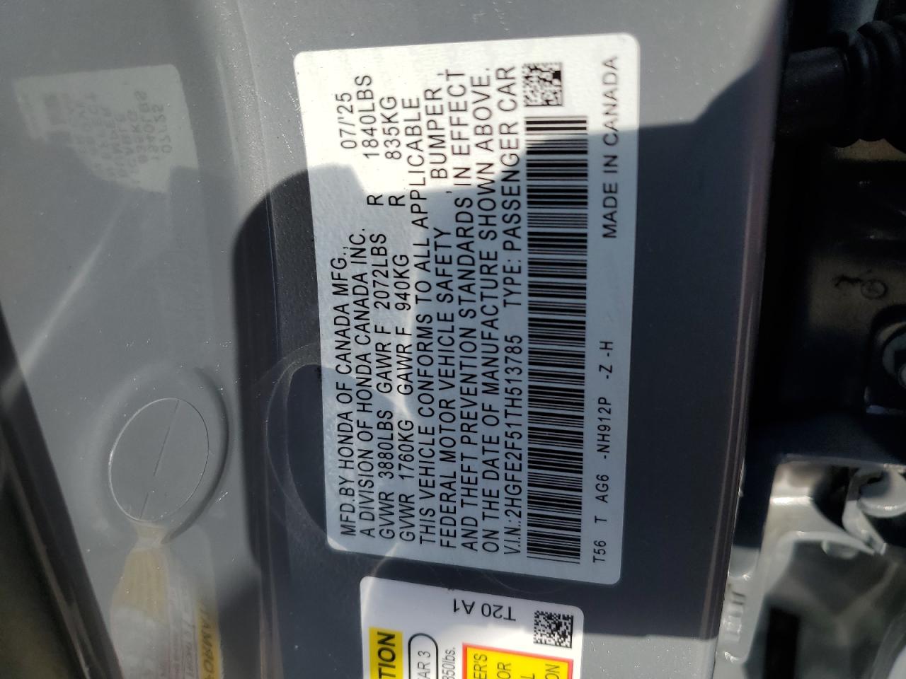 2026 Honda Civic Sport VIN: 2HGFE2F51TH513785 Lot: 86145905