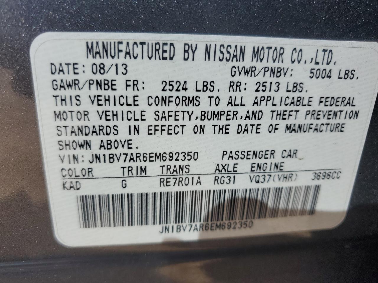 2014 Infiniti Q50 Base VIN: JN1BV7AR6EM692350 Lot: 84544225