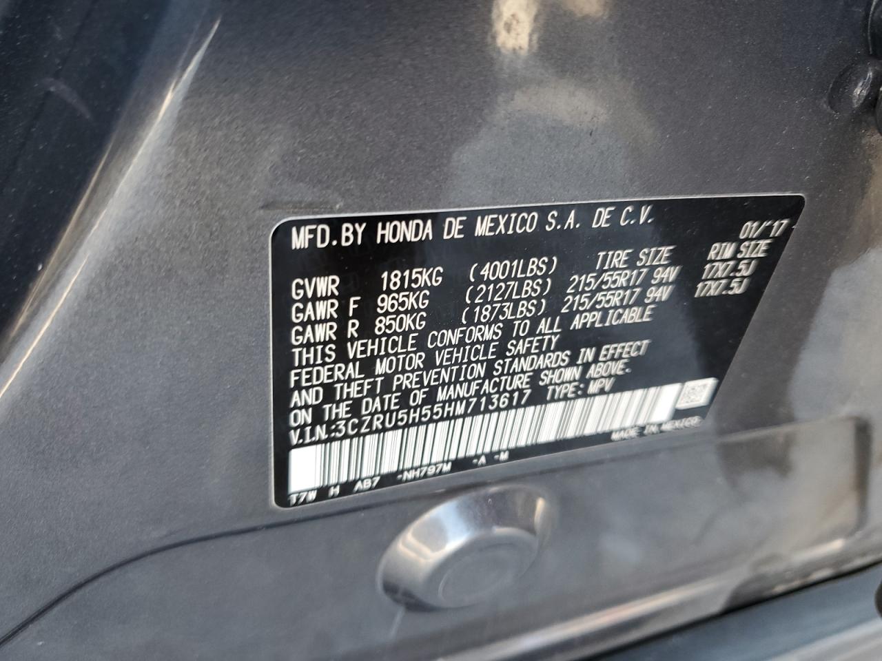 2017 Honda Hr-V Ex VIN: 3CZRU5H55HM713617 Lot: 84902695