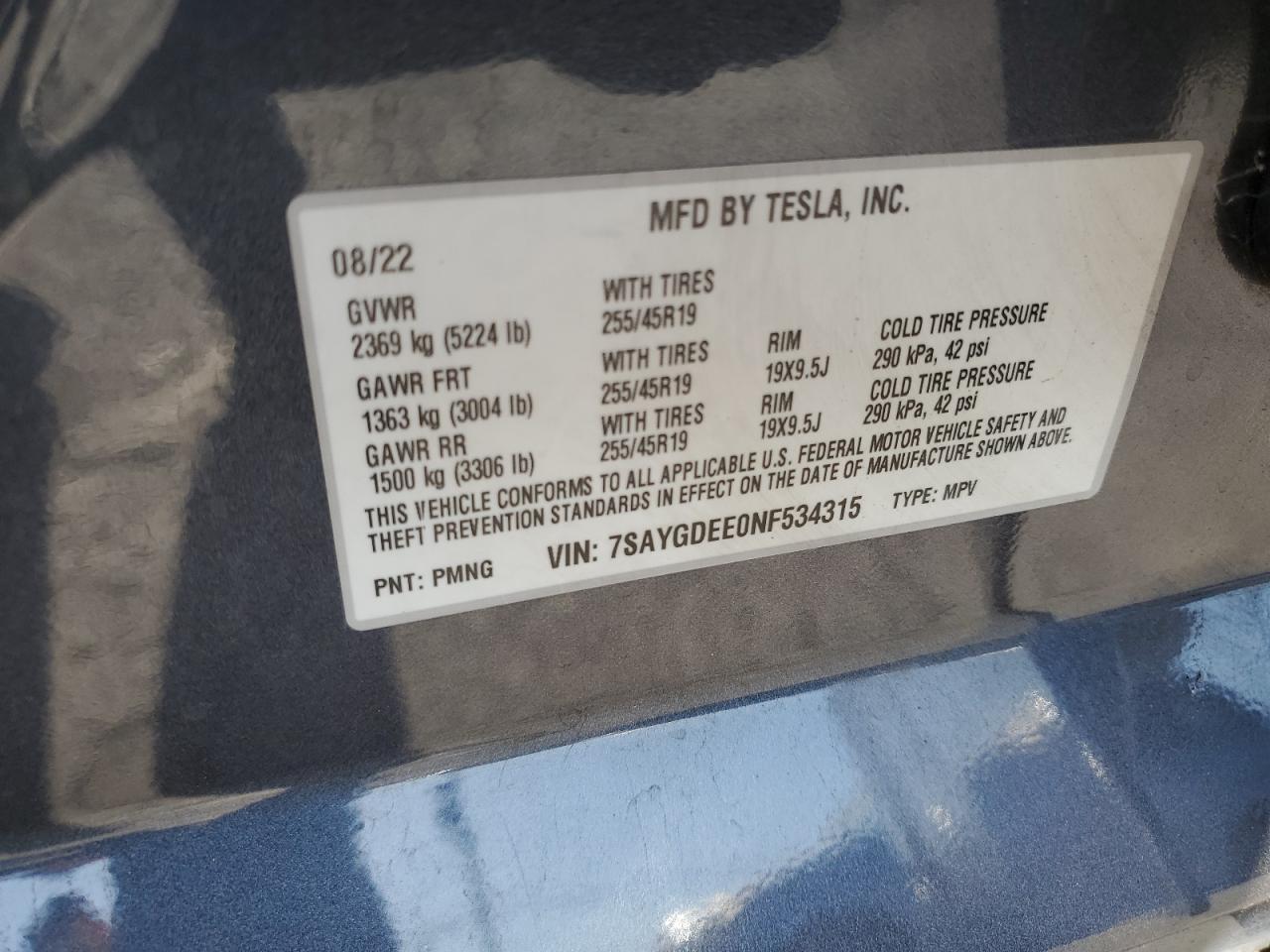 2022 Tesla Model Y VIN: 7SAYGDEE0NF534315 Lot: 87289405