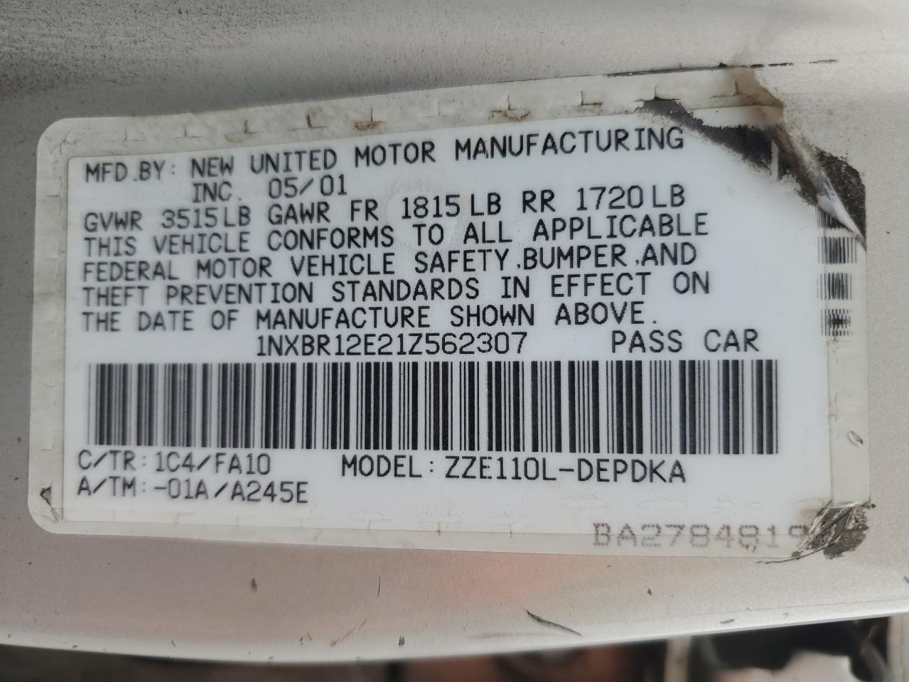 2001 Toyota Corolla Ce VIN: 1NXBR12E21Z562307 Lot: 82405645