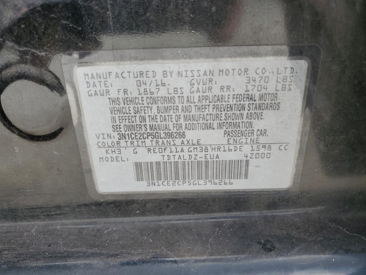 2016 Nissan Versa Note S VIN: 3N1CE2CP5GL396266 Lot: 84969115