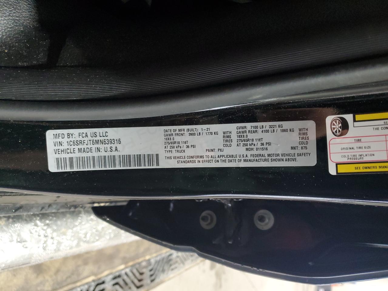 2021 Ram 1500 Laramie VIN: 1C6SRFJT6MN639316 Lot: 85910515