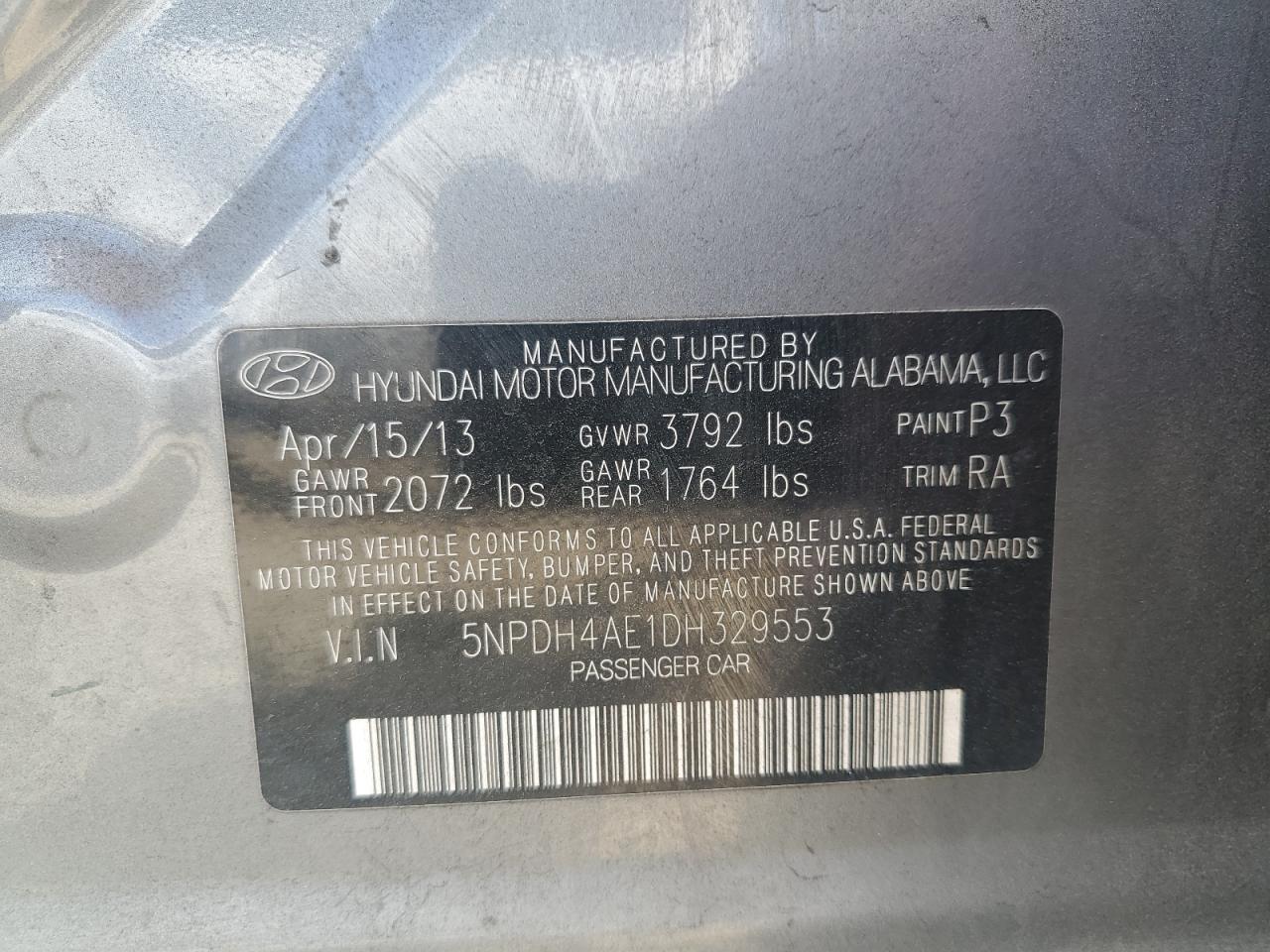 2013 Hyundai Elantra Gls VIN: 5NPDH4AE1DH329553 Lot: 85828045