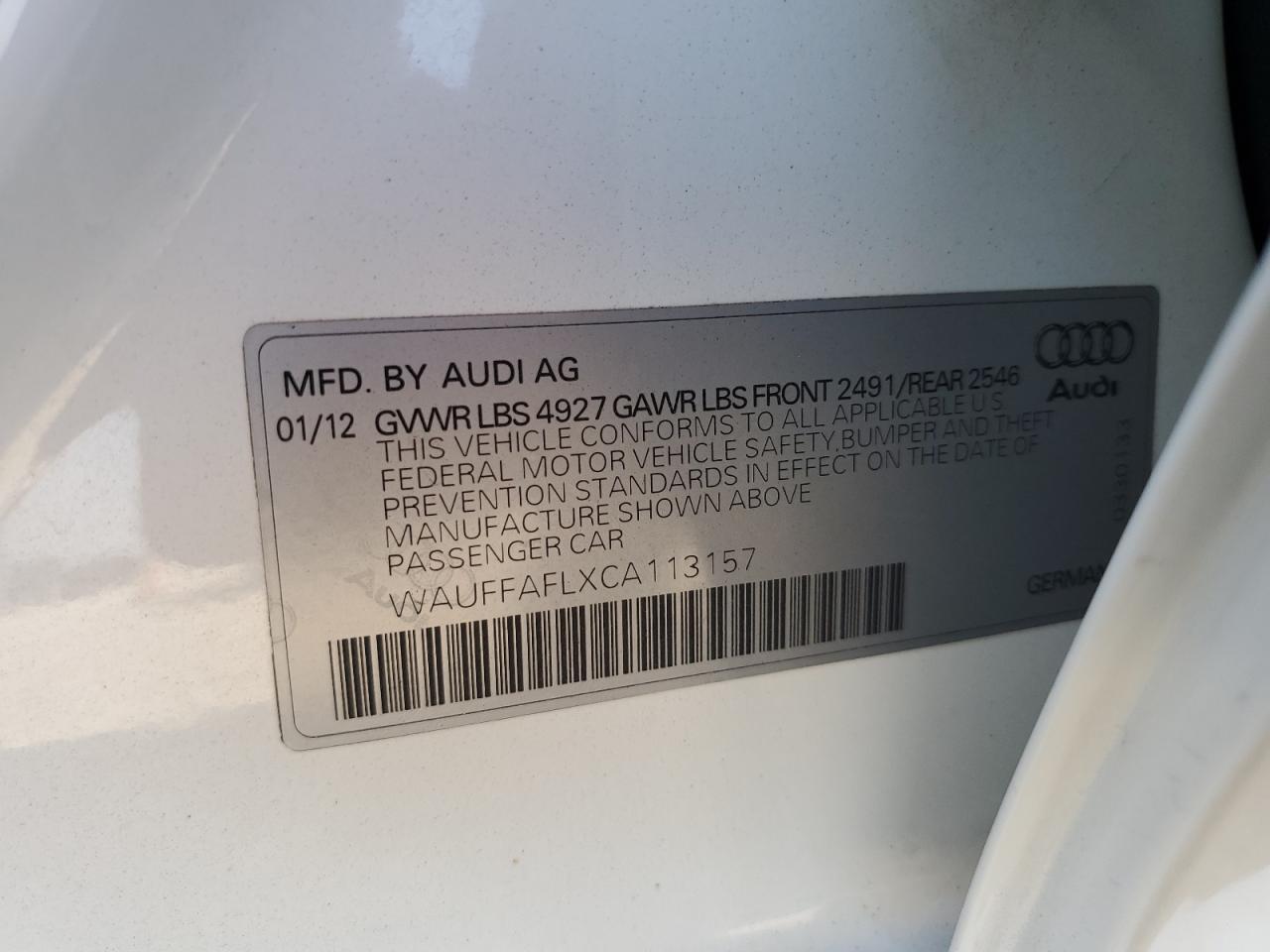 2012 Audi A4 Premium Plus VIN: WAUFFAFLXCA113157 Lot: 87072105