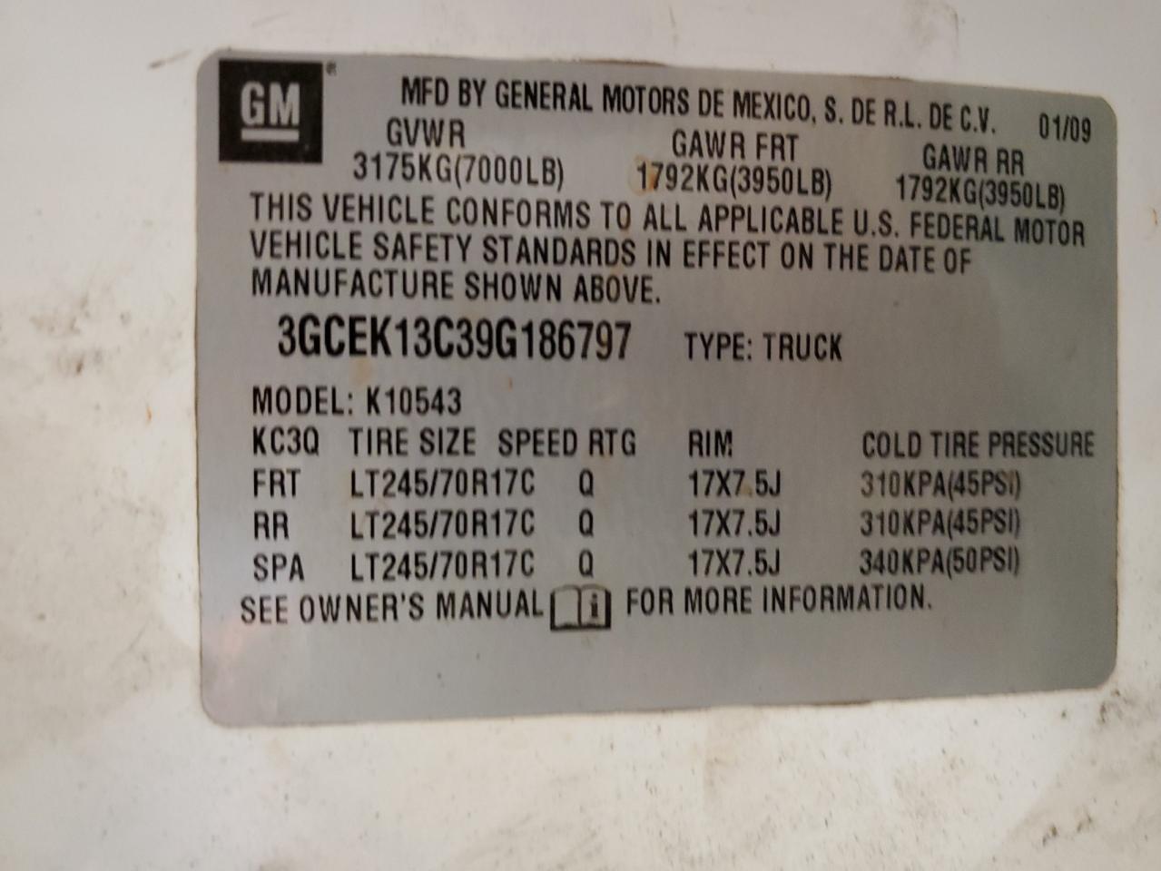 2009 Chevrolet Silverado K1500 VIN: 3GCEK13C39G186797 Lot: 82268255