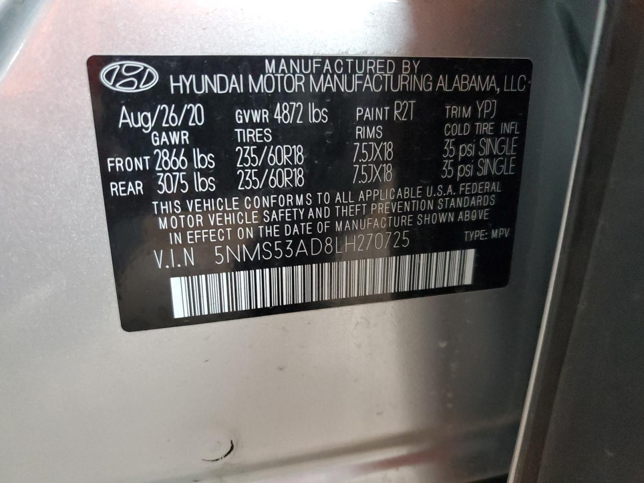 2020 Hyundai Santa Fe Limited VIN: 5NMS53AD8LH270725 Lot: 86146085