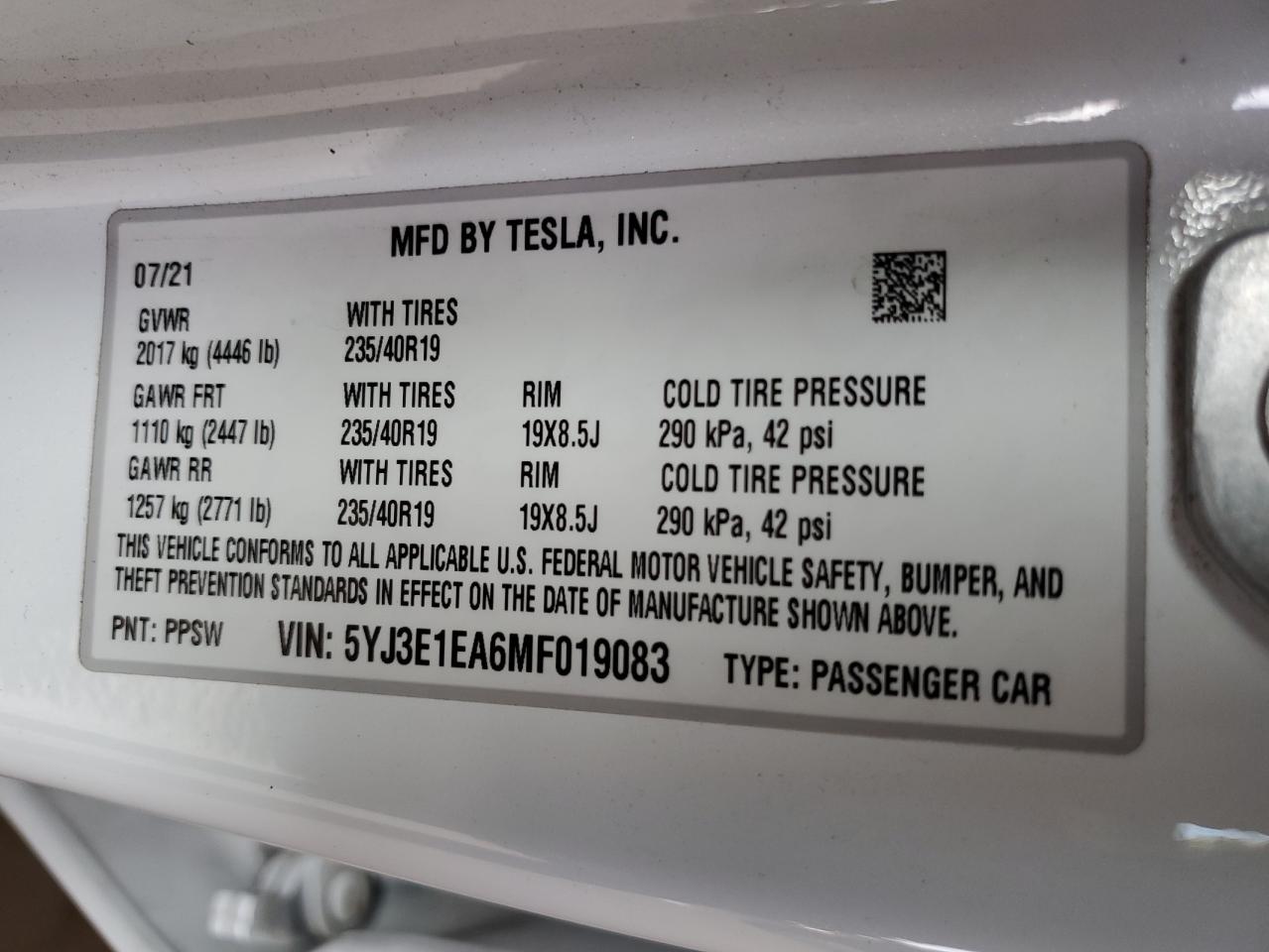 2021 Tesla Model 3 VIN: 5YJ3E1EA6MF019083 Lot: 82231125